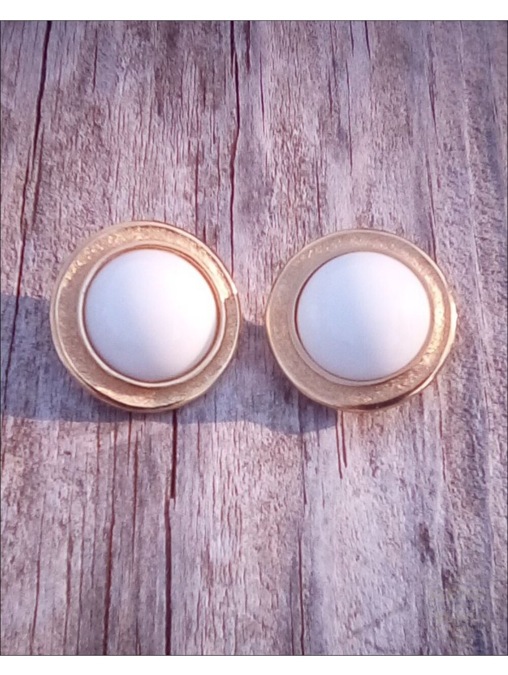 Trifari Vintage Clip-On Button Earrings White Cabochon Gold Tone